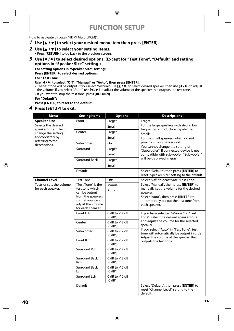 Function setup | Onkyo DV-BD507 User Manual | Page 40 / 56