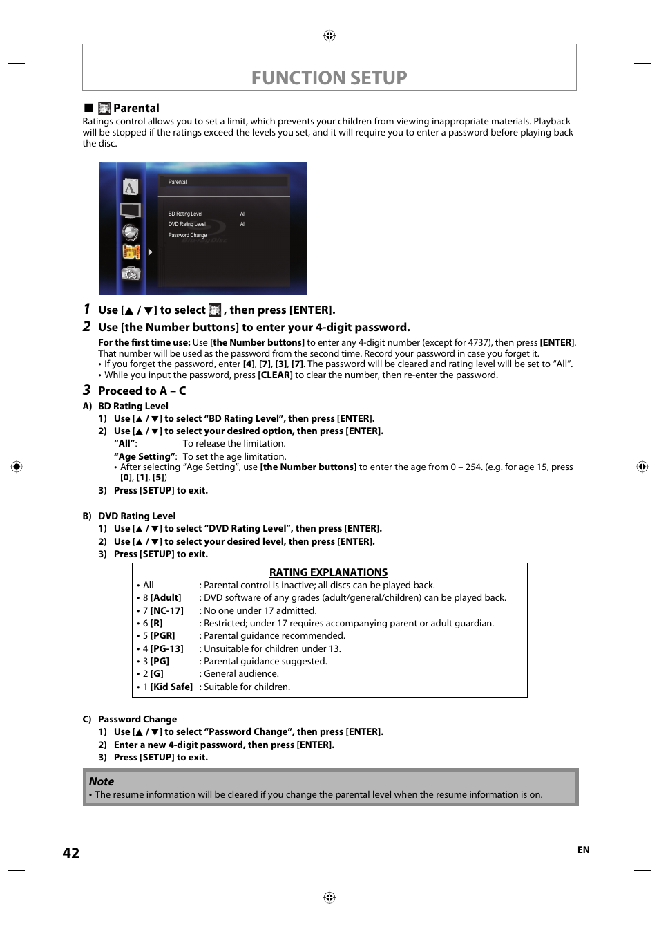 Function setup | Onkyo DV-BD507 User Manual | Page 42 / 56