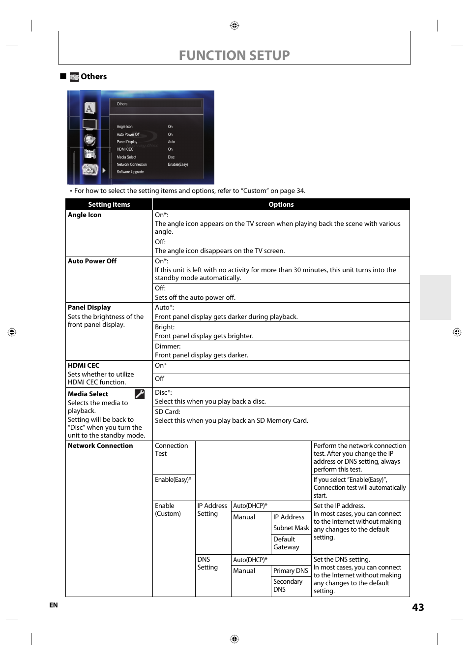 Function setup, Others | Onkyo DV-BD507 User Manual | Page 43 / 56