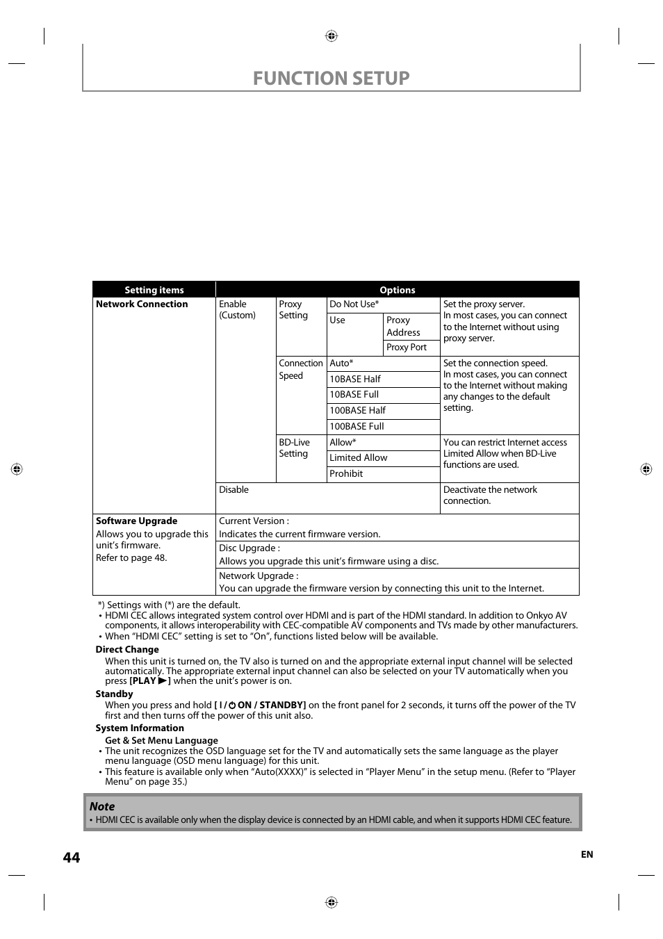 Function setup | Onkyo DV-BD507 User Manual | Page 44 / 56