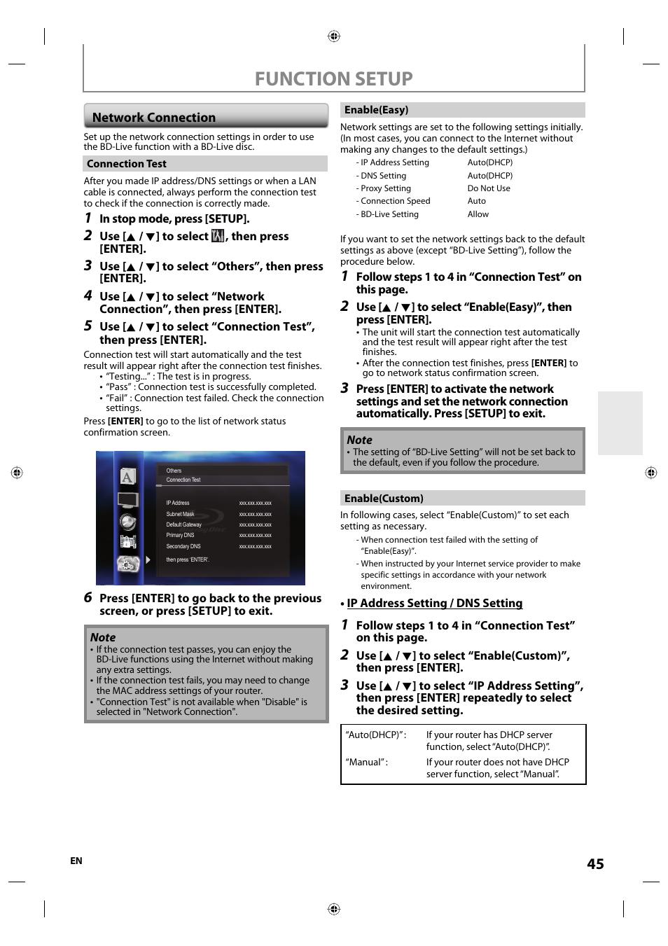 Function setup, Network connection | Onkyo DV-BD507 User Manual | Page 45 / 56