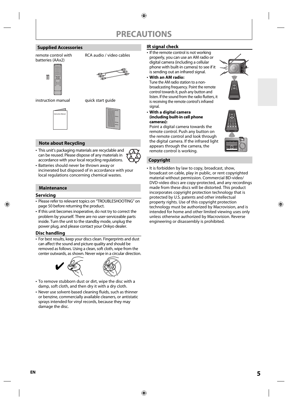 Precautions | Onkyo DV-BD507 User Manual | Page 5 / 56