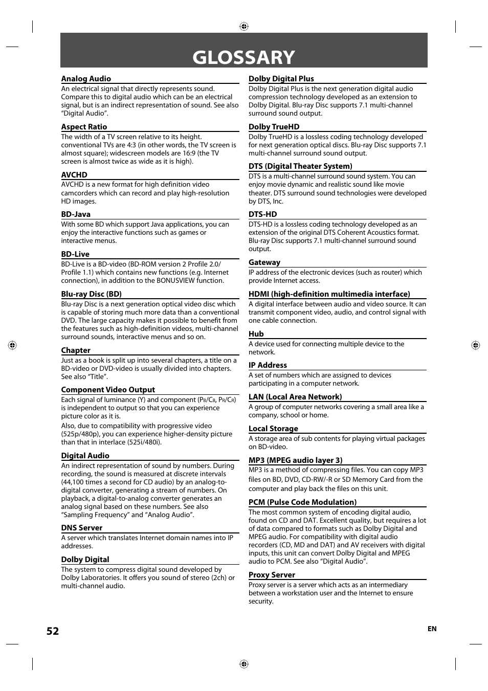 Glossary | Onkyo DV-BD507 User Manual | Page 52 / 56