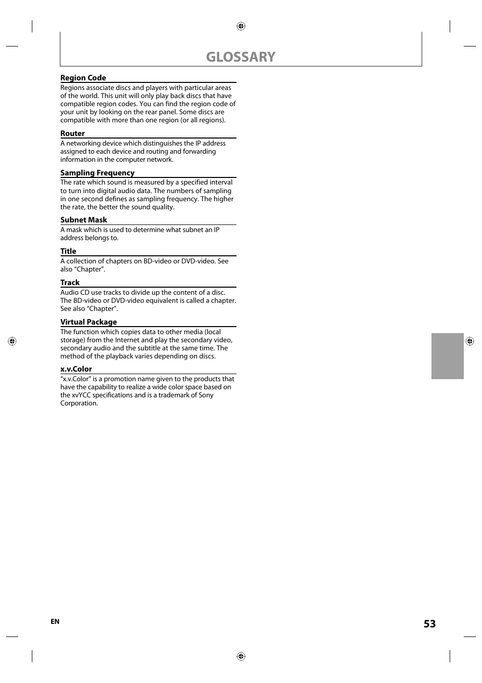 Glossary | Onkyo DV-BD507 User Manual | Page 53 / 56