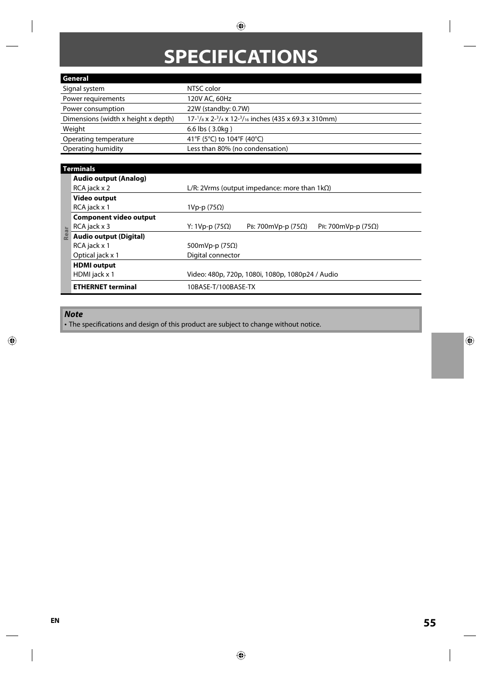 Specifications | Onkyo DV-BD507 User Manual | Page 55 / 56