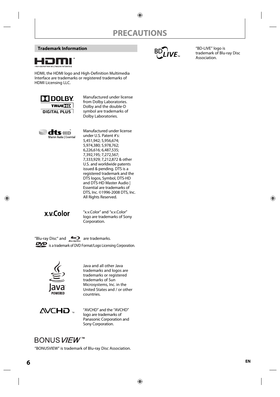Precautions | Onkyo DV-BD507 User Manual | Page 6 / 56