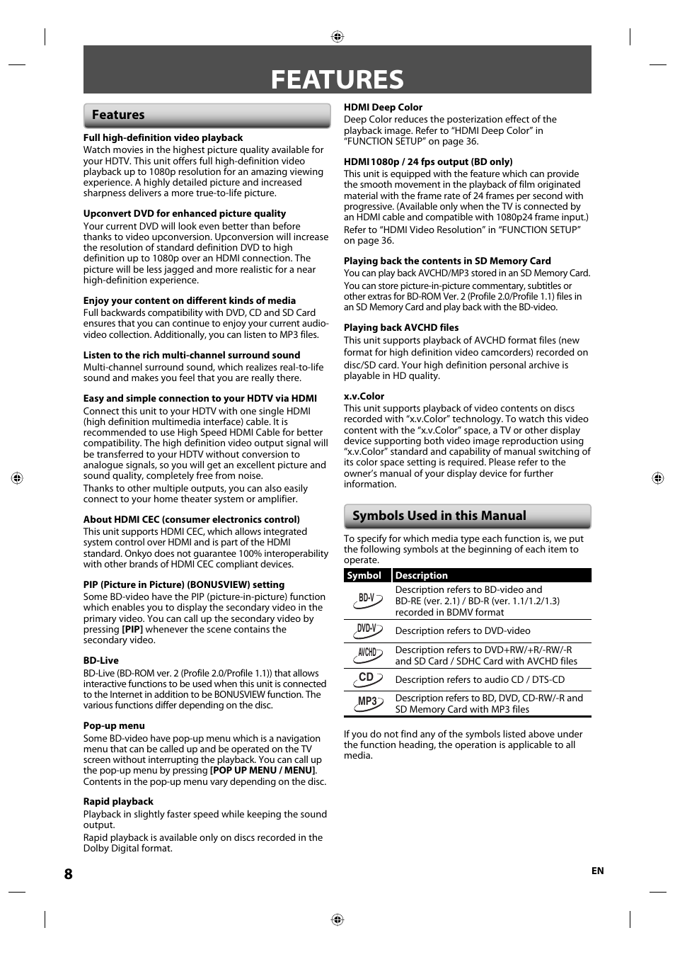 Features, Symbols used in this manual | Onkyo DV-BD507 User Manual | Page 8 / 56