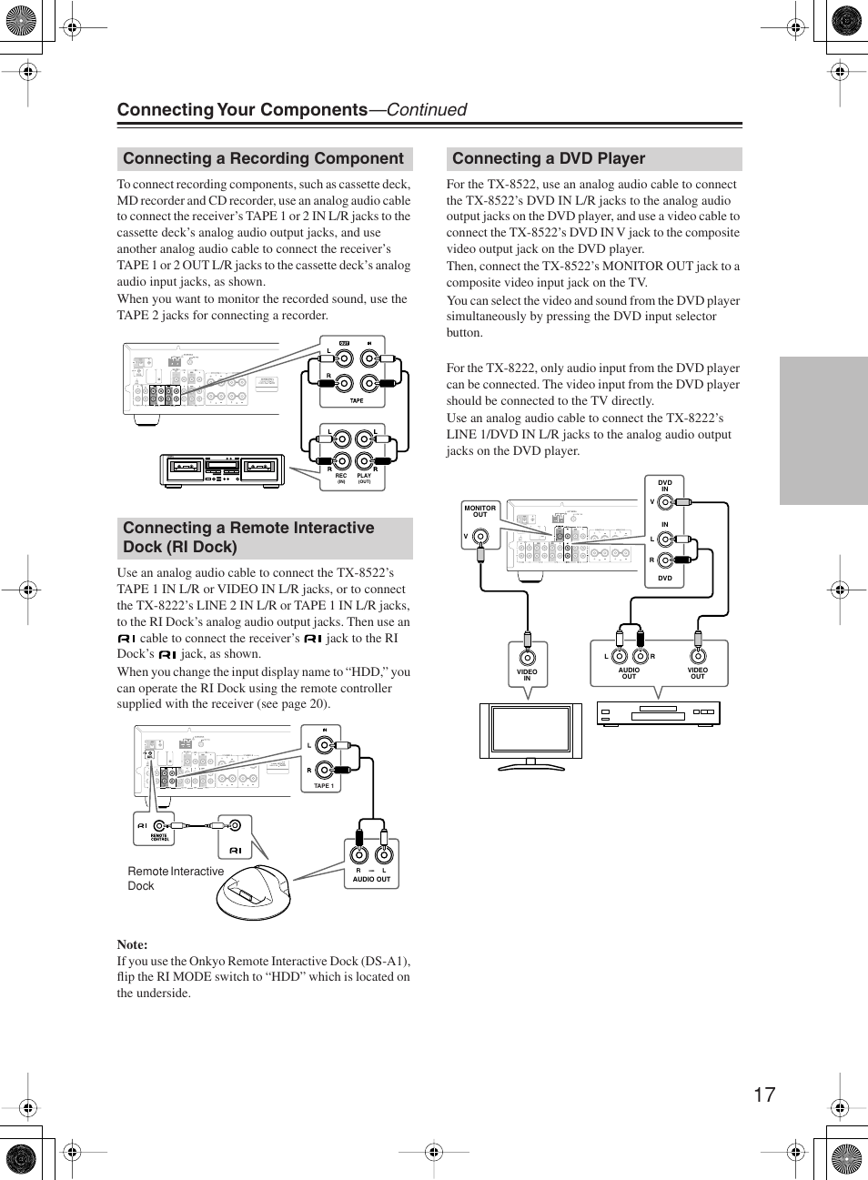 Connecting your components —continued, Connecting a dvd player | Onkyo TX-8222 User Manual | Page 17 / 36