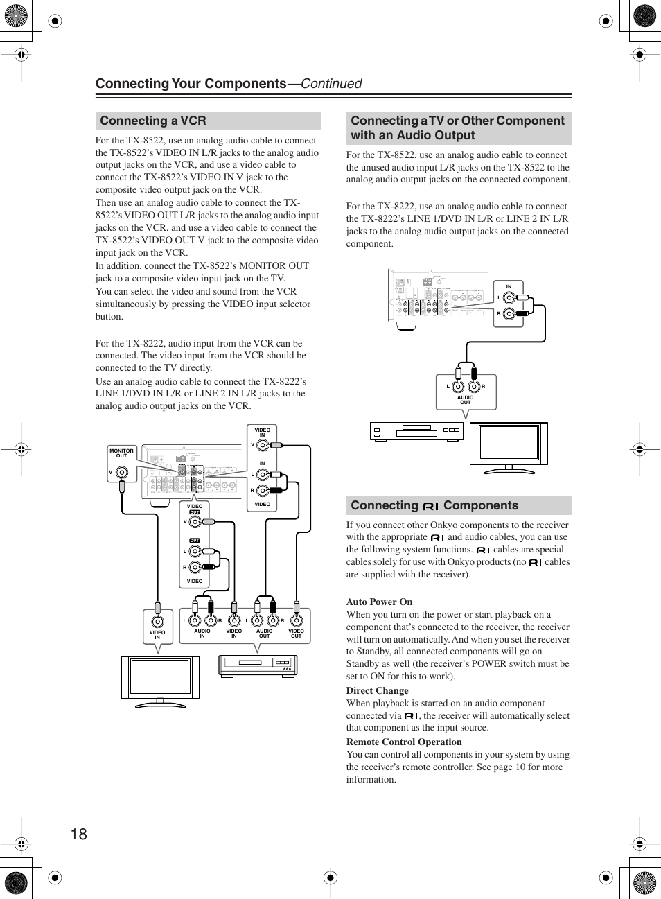 Connecting your components —continued, Connecting a vcr | Onkyo TX-8222 User Manual | Page 18 / 36