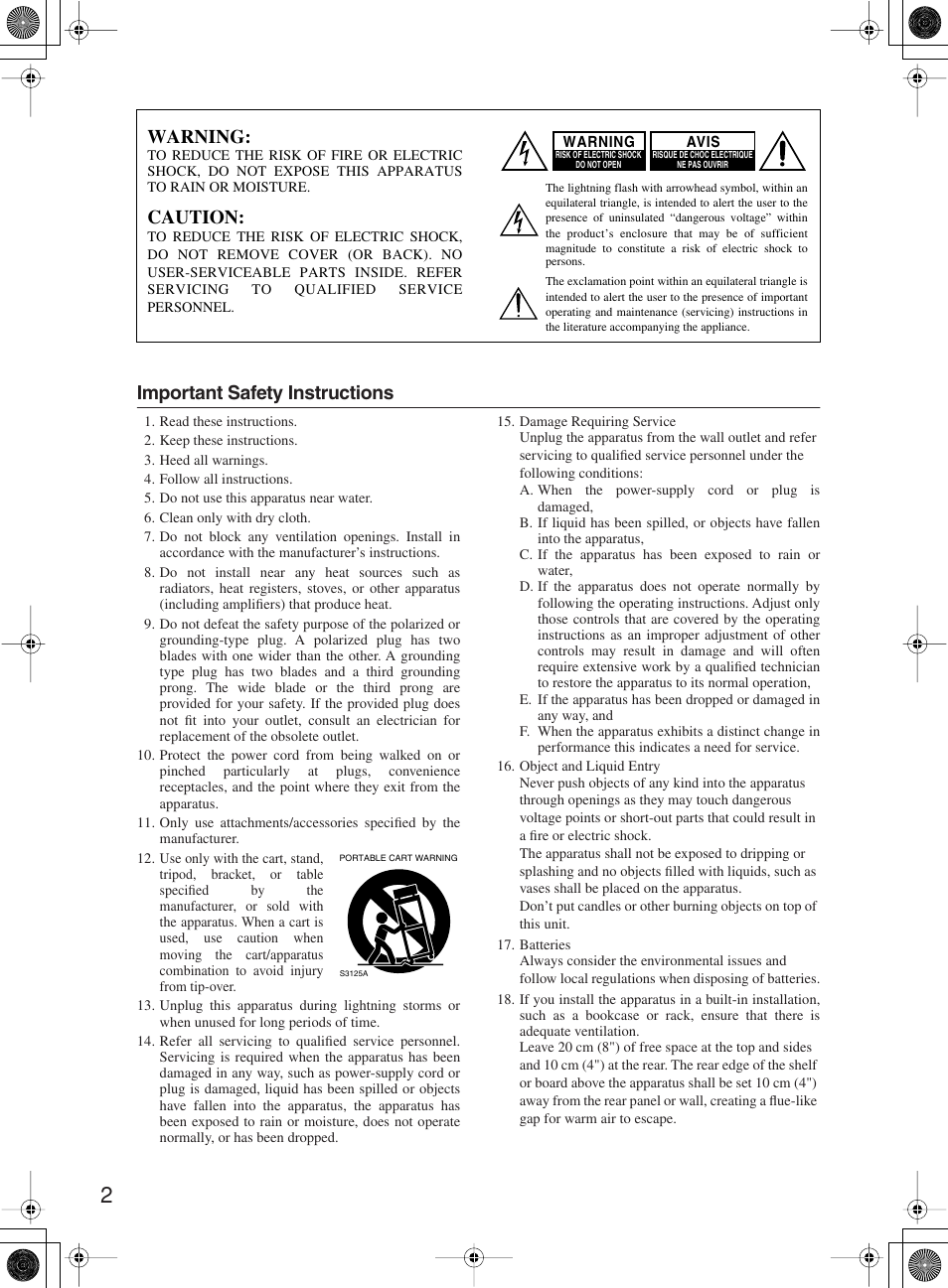 Important safety instructions, Warning, Caution | Onkyo TX-8222 User Manual | Page 2 / 36