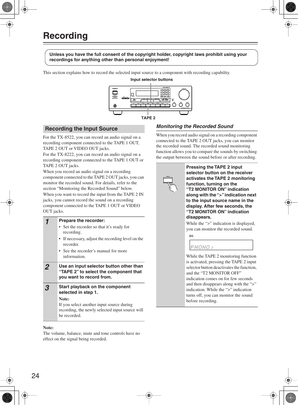Recording | Onkyo TX-8222 User Manual | Page 24 / 36