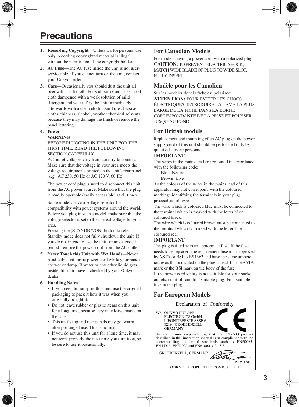 Precautions, For canadian models, Modèle pour les canadien | For british models, For european models | Onkyo TX-8222 User Manual | Page 3 / 36