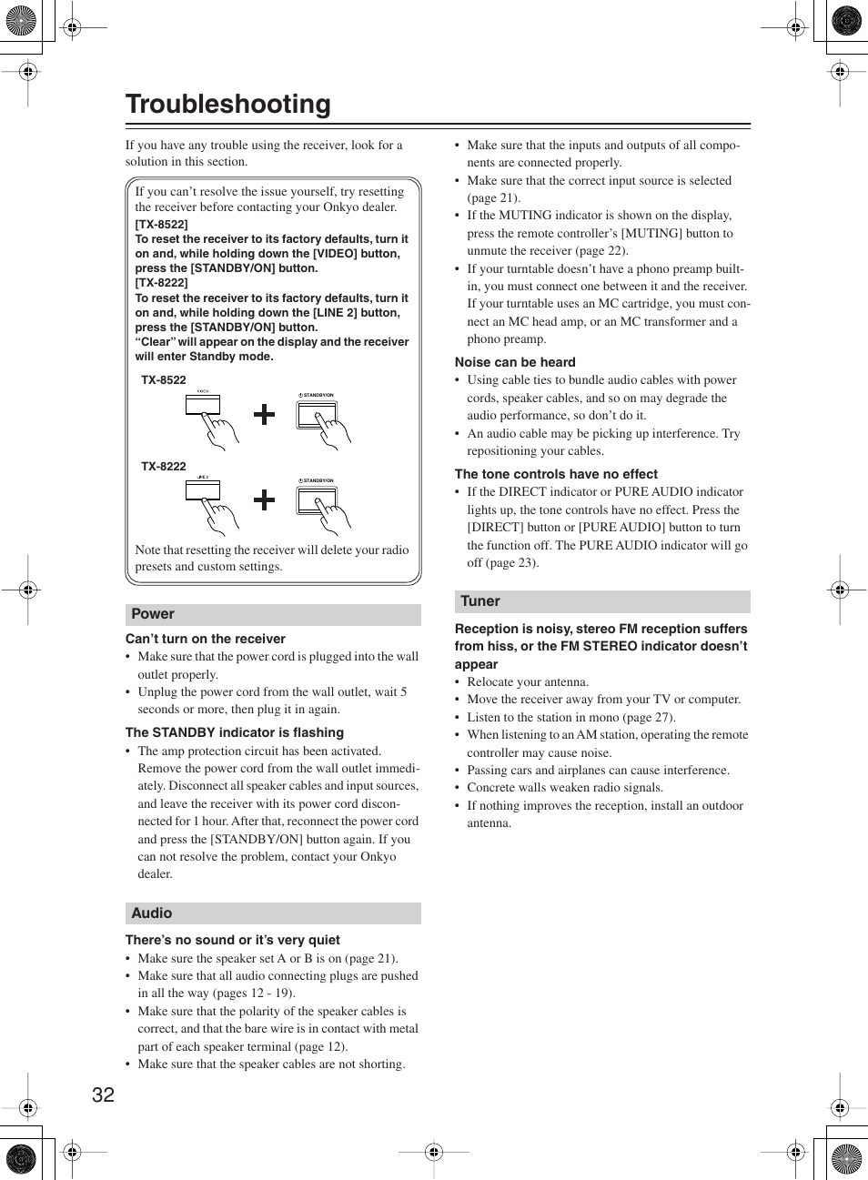 Troubleshooting | Onkyo TX-8222 User Manual | Page 32 / 36