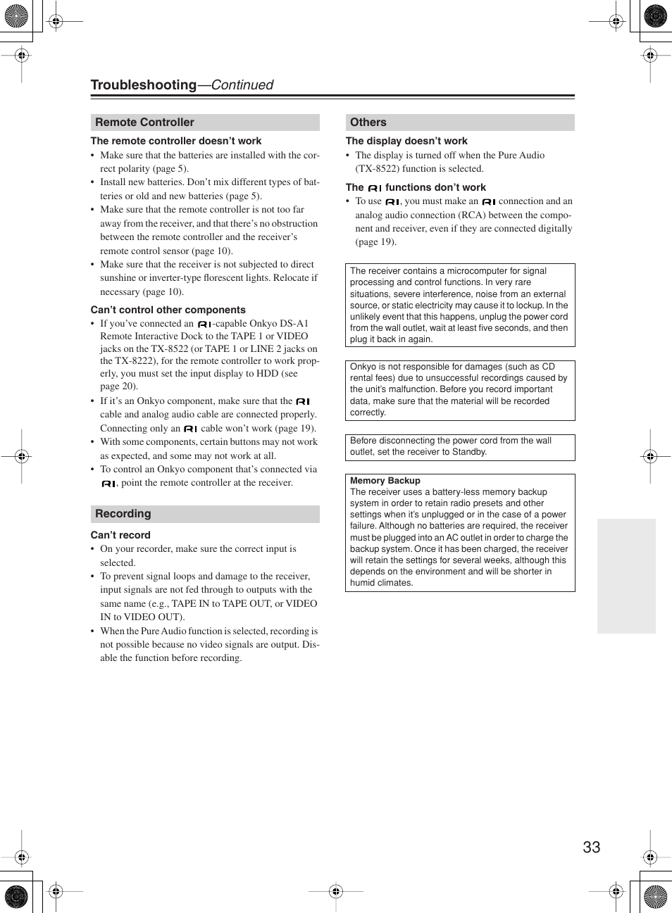 Troubleshooting —continued | Onkyo TX-8222 User Manual | Page 33 / 36