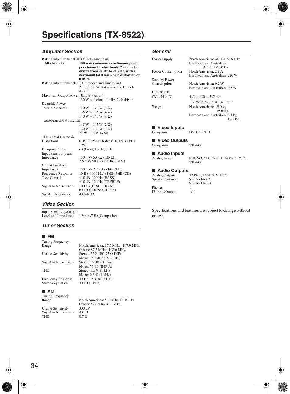 Specifications (tx-8522) | Onkyo TX-8222 User Manual | Page 34 / 36