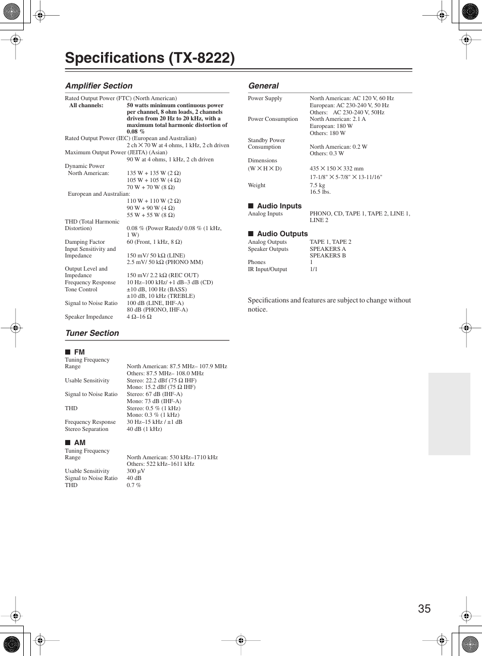 Specifications (tx-8222) | Onkyo TX-8222 User Manual | Page 35 / 36