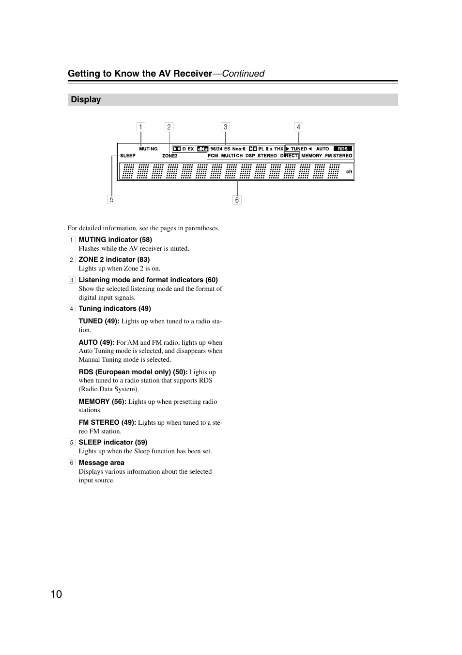 Display | Onkyo TX-SR804 User Manual | Page 10 / 96