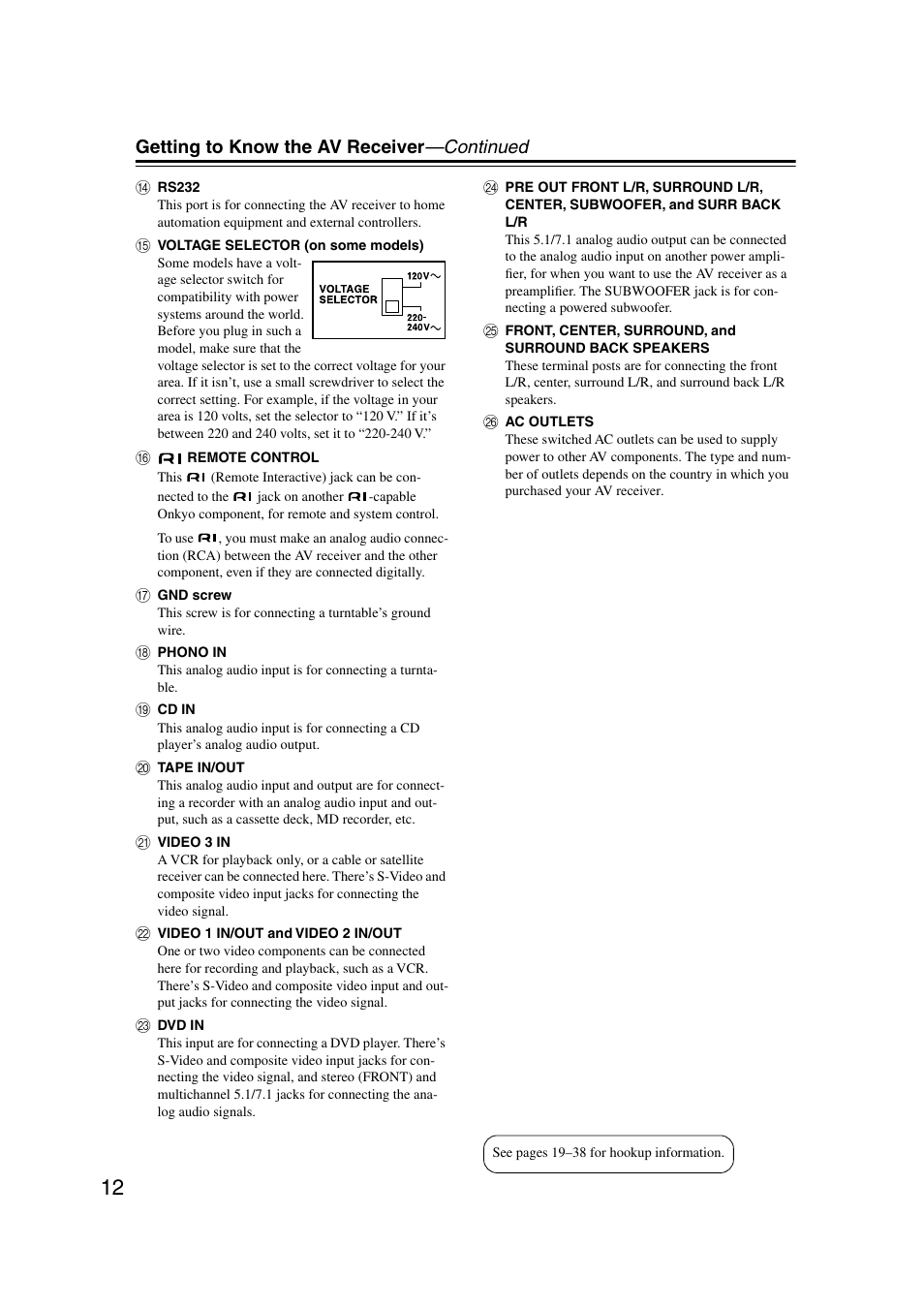 Getting to know the av receiver —continued | Onkyo TX-SR804 User Manual | Page 12 / 96