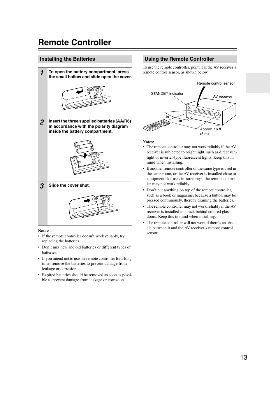 Remote controller, Installing the batteries, Using the remote controller | Ol sensor (13) | Onkyo TX-SR804 User Manual | Page 13 / 96