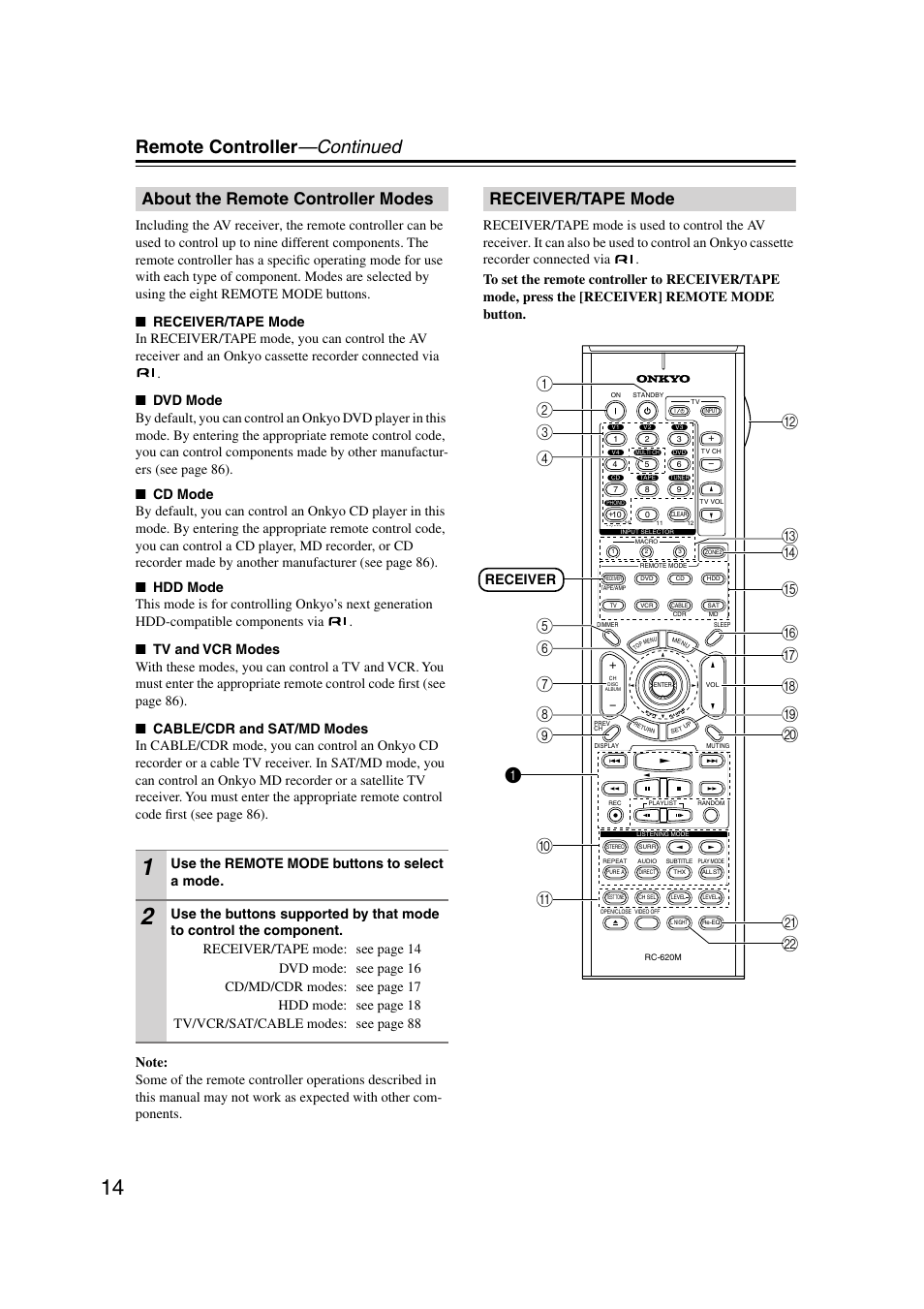 About the remote controller modes, Receiver/tape mode, Remote controller —continued | Use the remote mode buttons to select a mode, Receiver | Onkyo TX-SR804 User Manual | Page 14 / 96