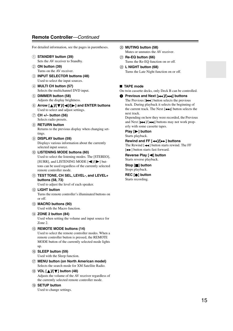 Remote controller —continued | Onkyo TX-SR804 User Manual | Page 15 / 96