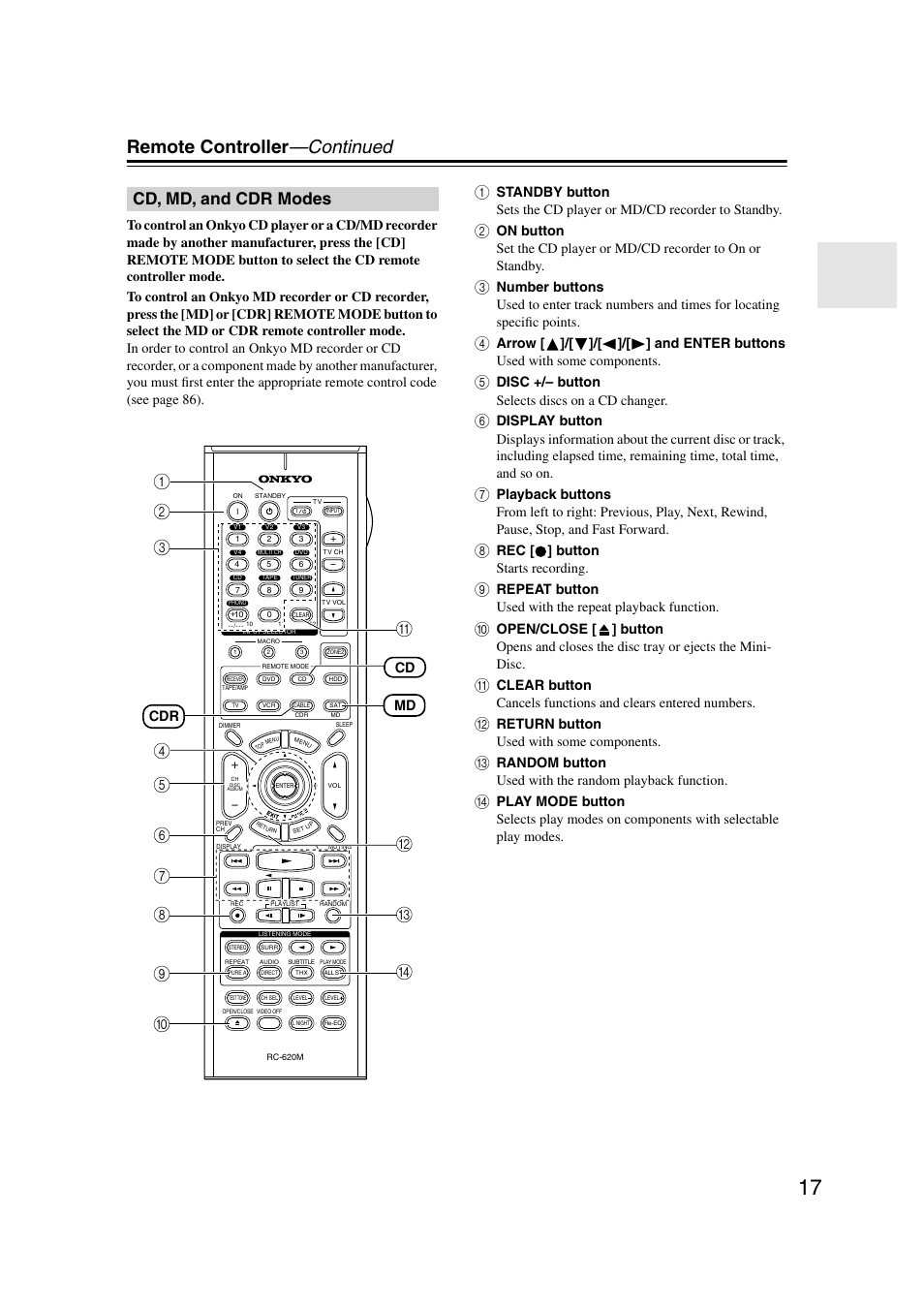 Cd, md, and cdr modes, Remote controller —continued, Disc +/– button selects discs on a cd changer | Rec [ ] button starts recording, Return button used with some components, Md cdr cd | Onkyo TX-SR804 User Manual | Page 17 / 96