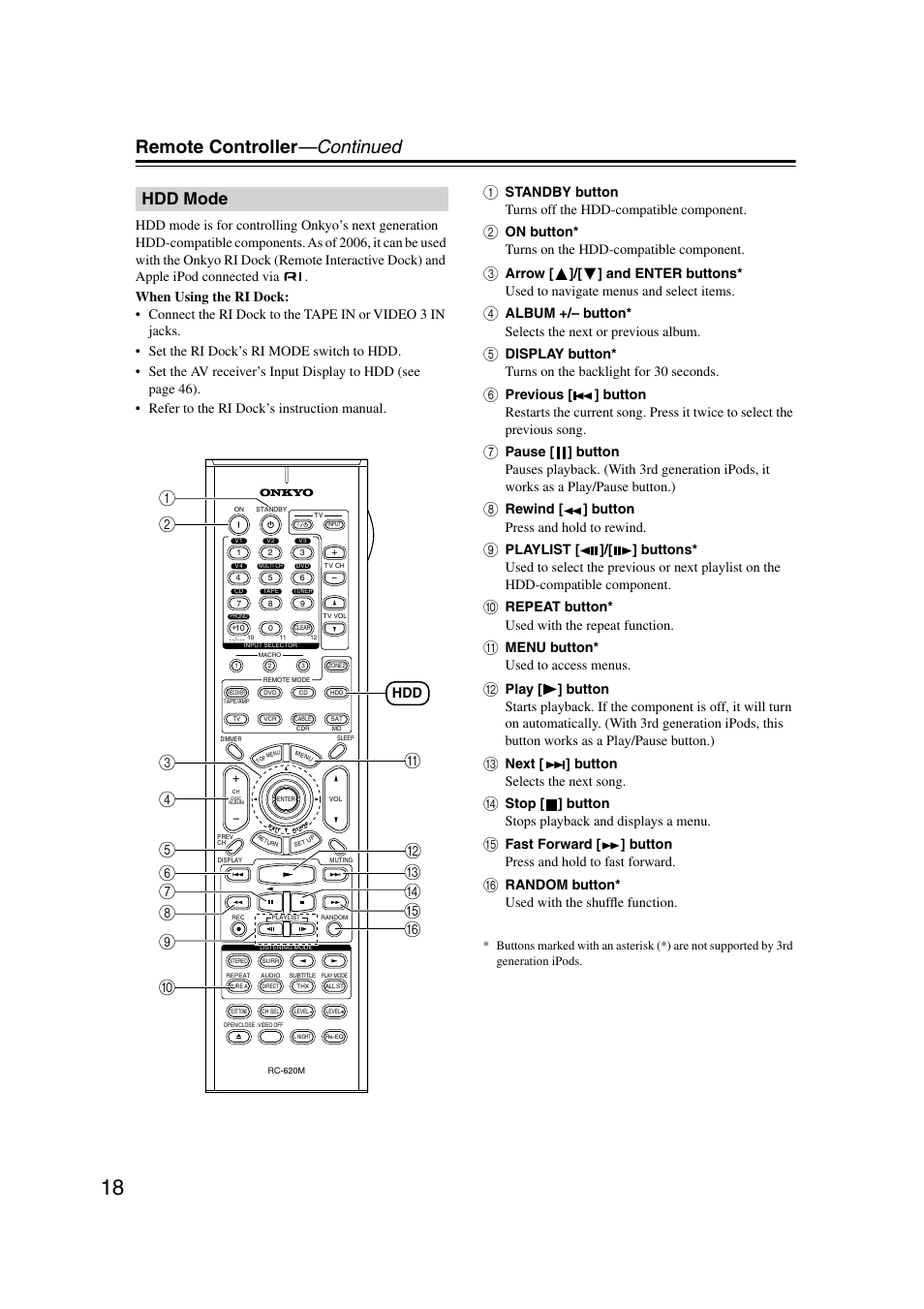 Hdd mode, Remote controller —continued, On button* turns on the hdd-compatible component | Rewind [ ] button press and hold to rewind, Repeat button* used with the repeat function, Menu button* used to access menus, Next [ ] button selects the next song, Stop [ ] button stops playback and displays a menu, Random button* used with the shuffle function | Onkyo TX-SR804 User Manual | Page 18 / 96