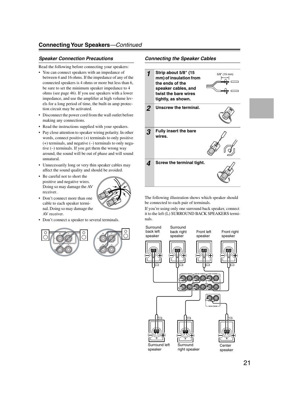 Connecting your speakers —continued | Onkyo TX-SR804 User Manual | Page 21 / 96