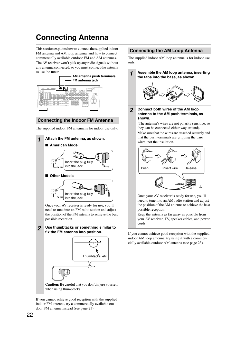 Connecting antenna, Connecting the indoor fm antenna, Connecting the am loop antenna | Onkyo TX-SR804 User Manual | Page 22 / 96