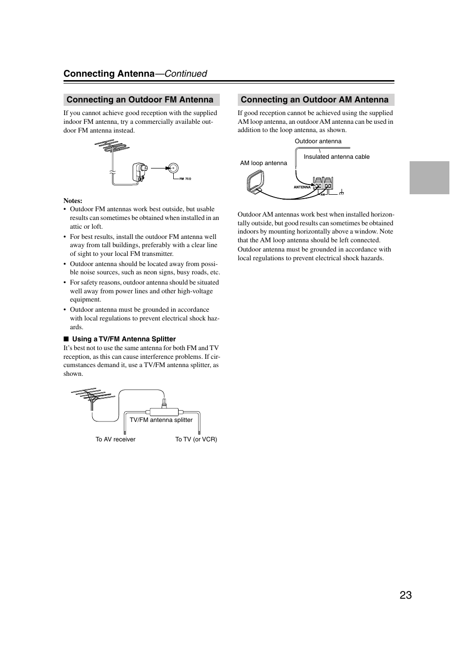 Connecting an outdoor fm antenna, Connecting an outdoor am antenna, Connecting antenna —continued | Onkyo TX-SR804 User Manual | Page 23 / 96