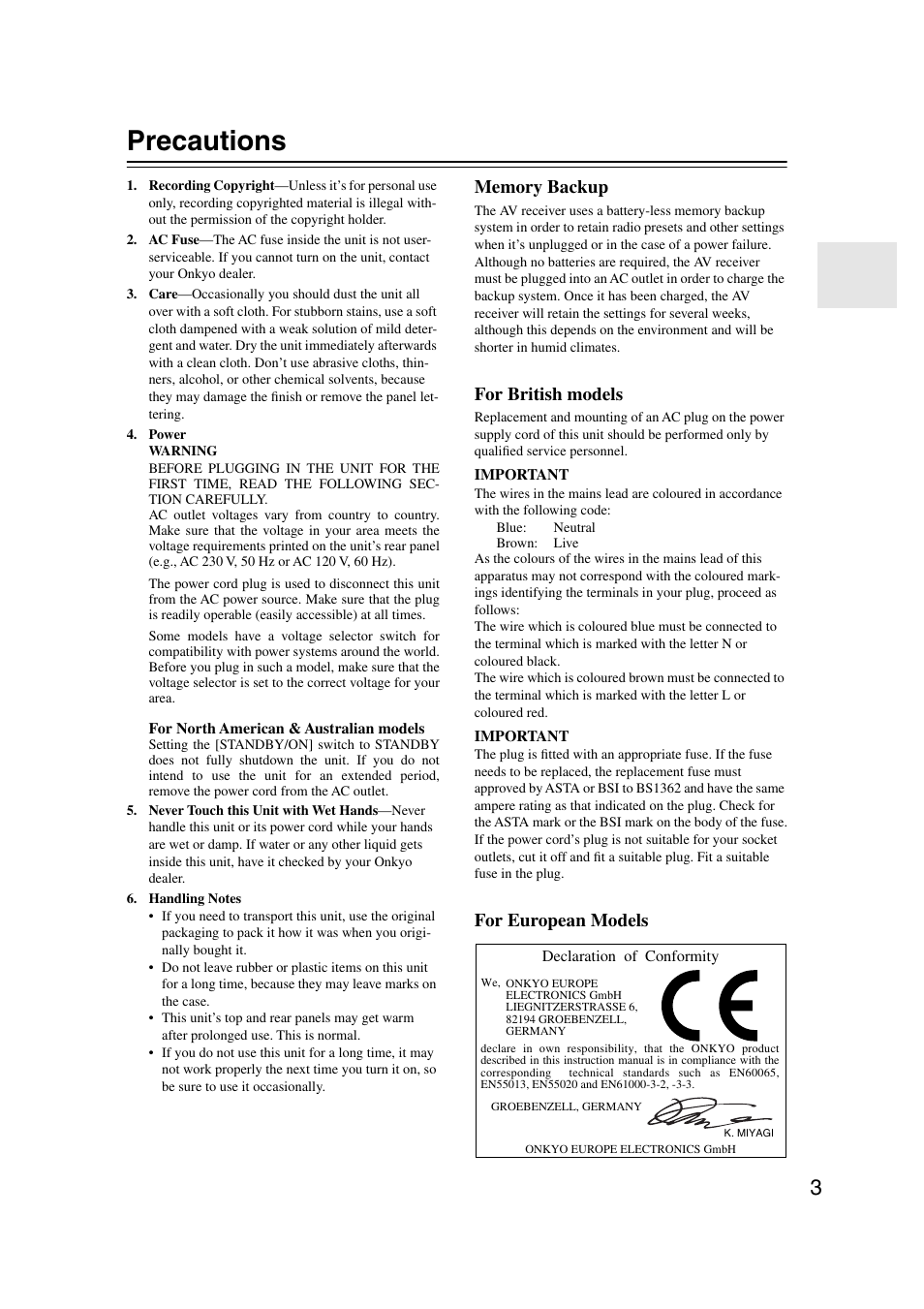 Precautions, For british models, For european models | Onkyo TX-SR804 User Manual | Page 3 / 96