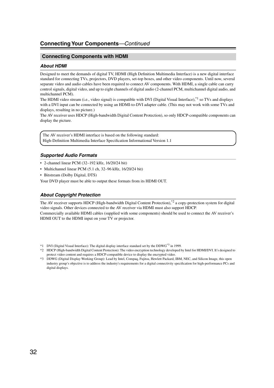 Connecting components with hdmi, Components with hdmi, Connecting your components —continued | Onkyo TX-SR804 User Manual | Page 32 / 96