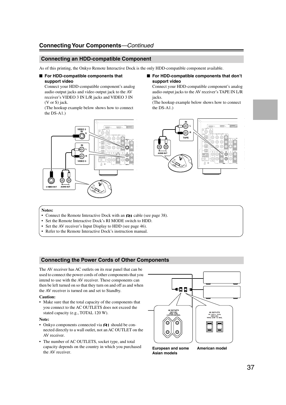 Connecting an hdd-compatible component, Connecting the power cords of other components, Components | Connecting your components —continued | Onkyo TX-SR804 User Manual | Page 37 / 96