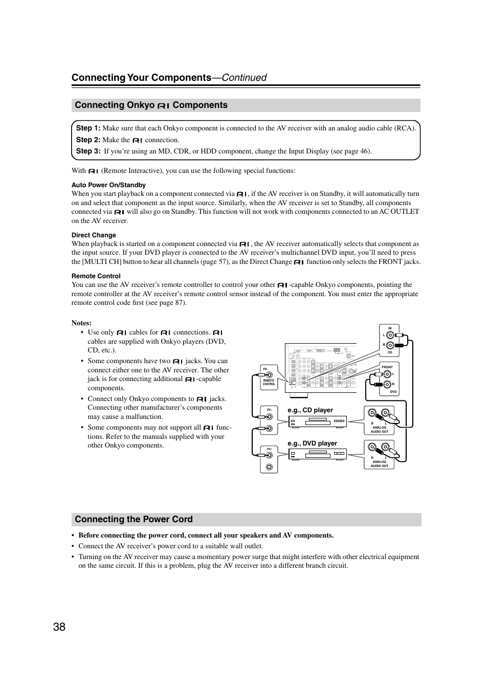 Connecting onkyo components, Connecting the power cord, Connecting onkyo | Connecting your components —continued | Onkyo TX-SR804 User Manual | Page 38 / 96