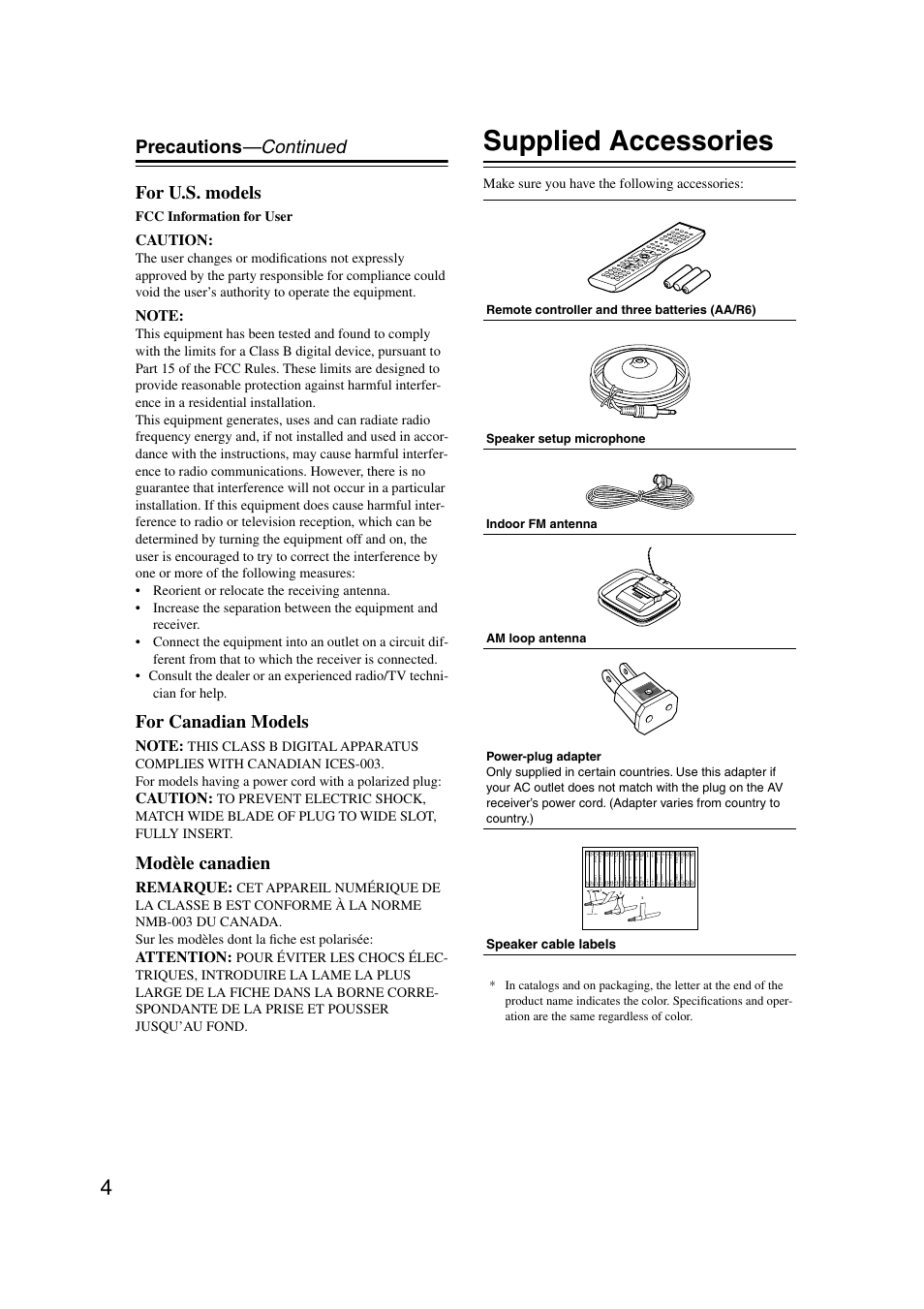 Supplied accessories, Precautions —continued for u.s. models, For canadian models | Modèle canadien, Caution, Remarque, Attention, Fcc information for user, Make sure you have the following accessories, Speaker cable | Onkyo TX-SR804 User Manual | Page 4 / 96