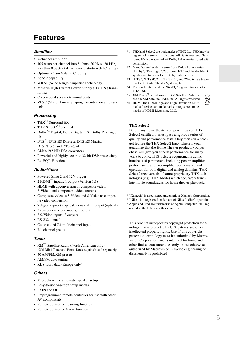 Features | Onkyo TX-SR804 User Manual | Page 5 / 96