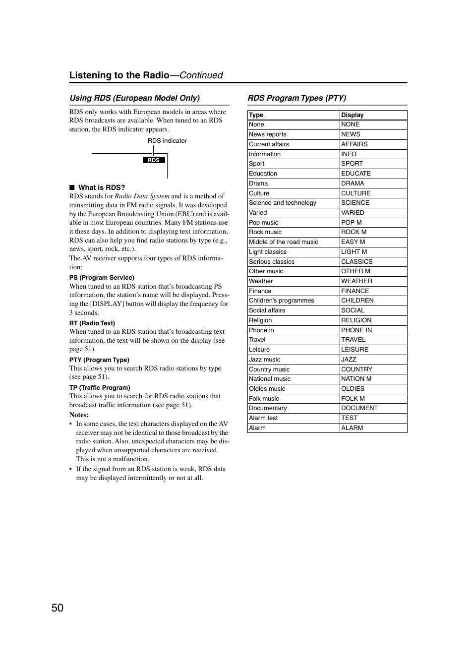 Y) (50), Listening to the radio —continued, Using rds (european model only) | Rds program types (pty) | Onkyo TX-SR804 User Manual | Page 50 / 96