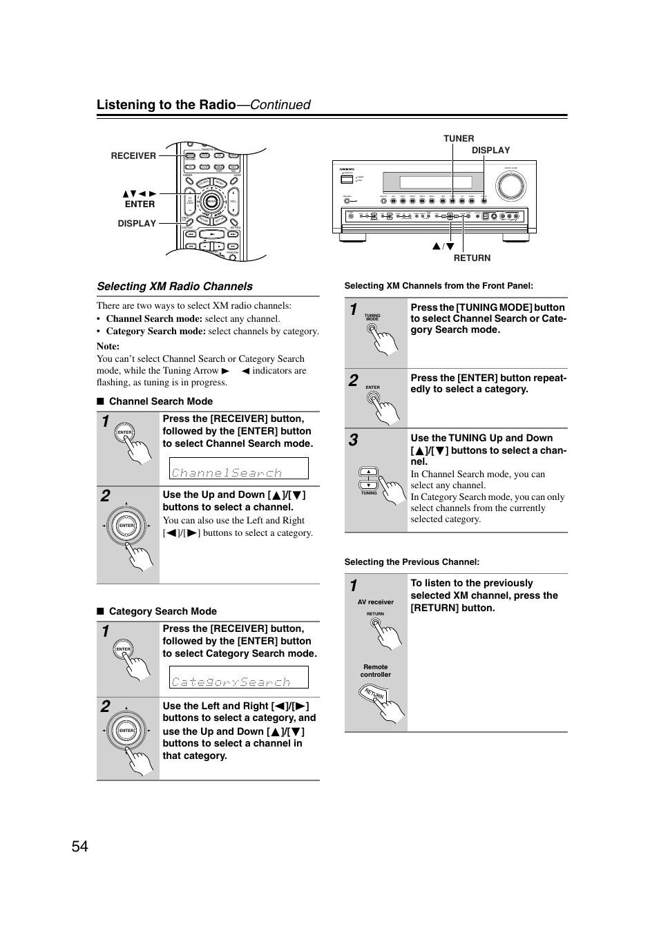 Listening to the radio —continued, Selecting xm radio channels | Onkyo TX-SR804 User Manual | Page 54 / 96