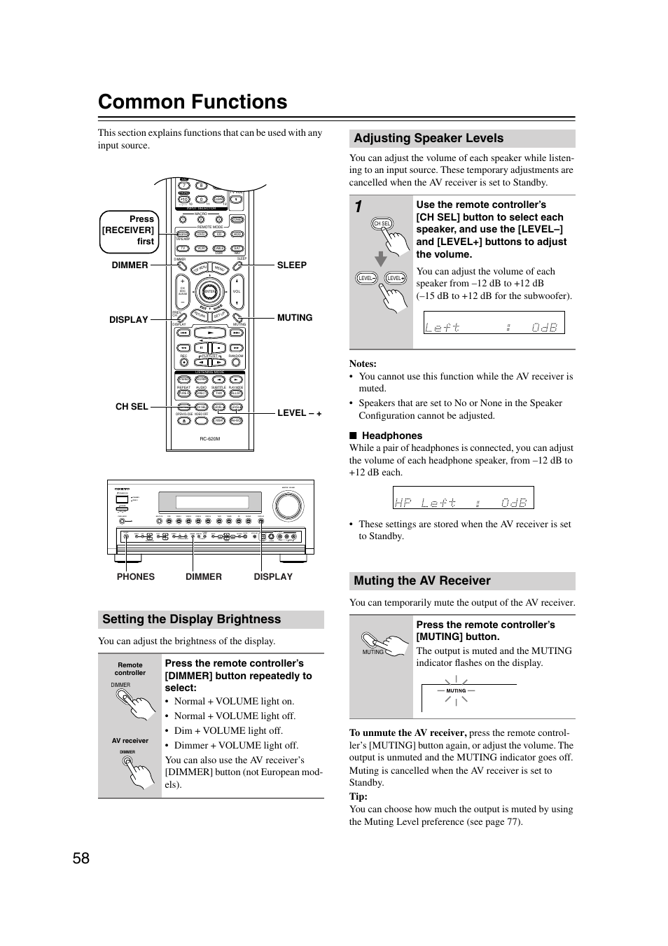 Common functions, Setting the display brightness, Adjusting speaker levels | Muting the av receiver, Muting indicator (58), Utton (58), Uttons (58 | Onkyo TX-SR804 User Manual | Page 58 / 96