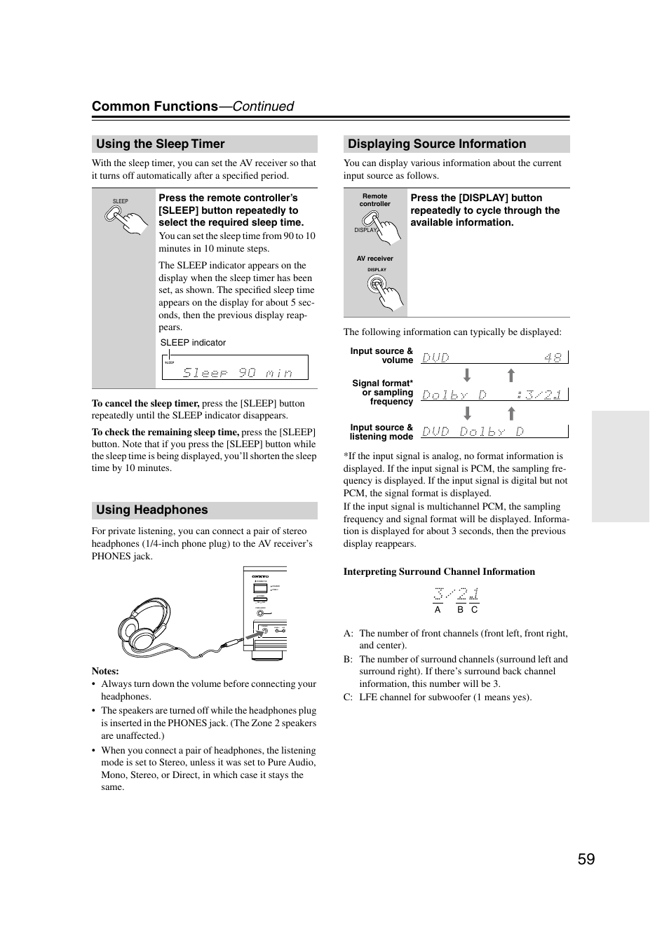 Using the sleep timer, Using headphones, Displaying source information | Utton (59), K (59), Sleep indicator (59), Common functions —continued | Onkyo TX-SR804 User Manual | Page 59 / 96