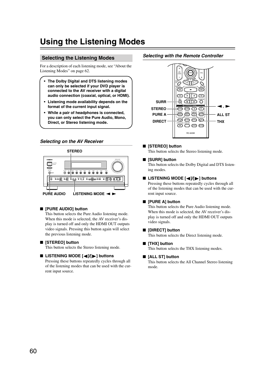 Using the listening modes, Selecting the listening modes, Enjoying the listening modes | Utton and indicator (60), Utton (60), Uttons (60), S (60), Selecting on the av receiver, Selecting with the remote controller | Onkyo TX-SR804 User Manual | Page 60 / 96
