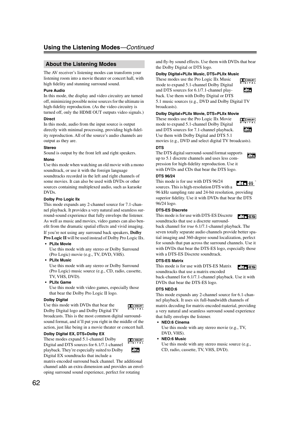 About the listening modes, Using the listening modes —continued | Onkyo TX-SR804 User Manual | Page 62 / 96