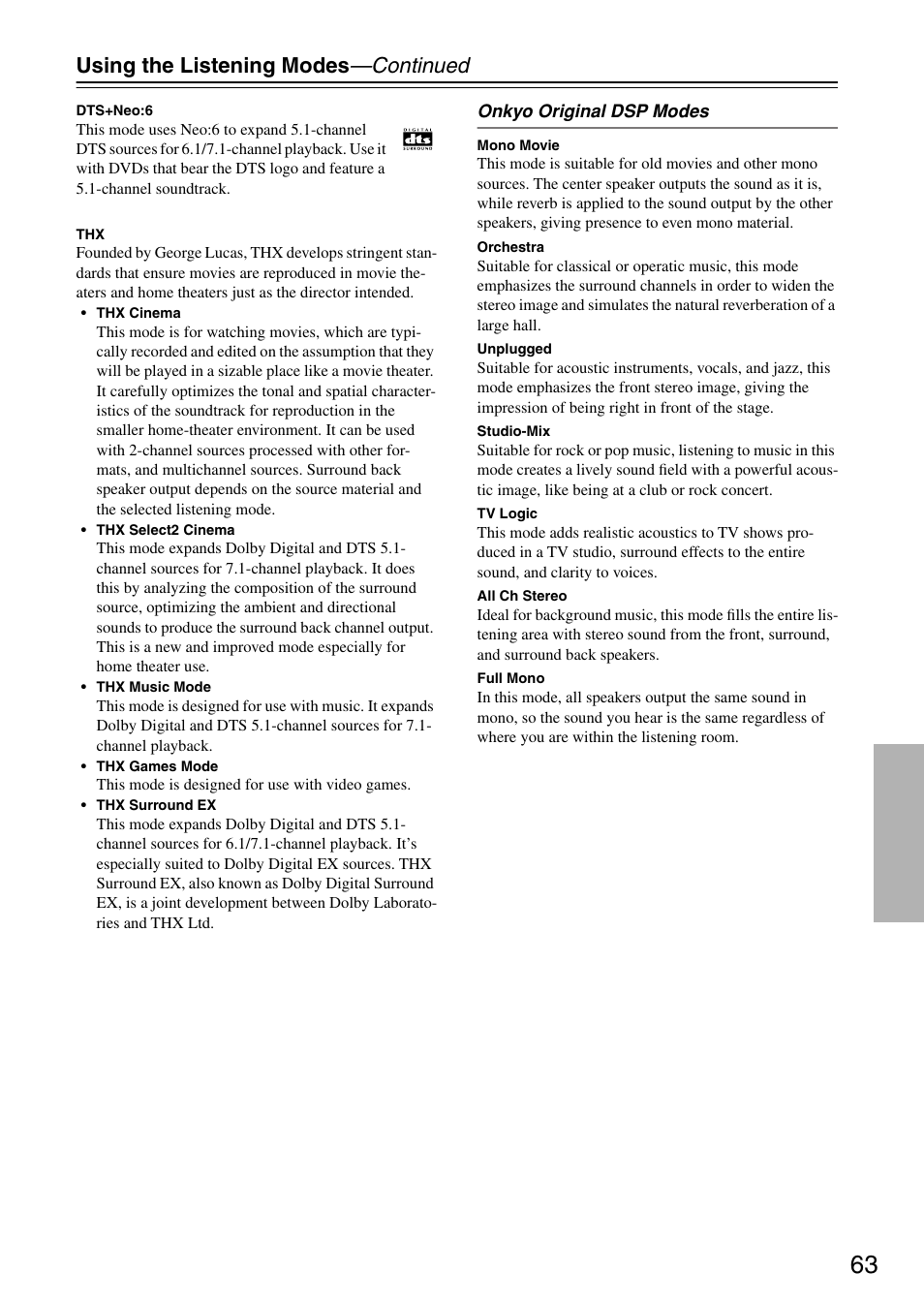 Using the listening modes —continued | Onkyo TX-SR804 User Manual | Page 63 / 96