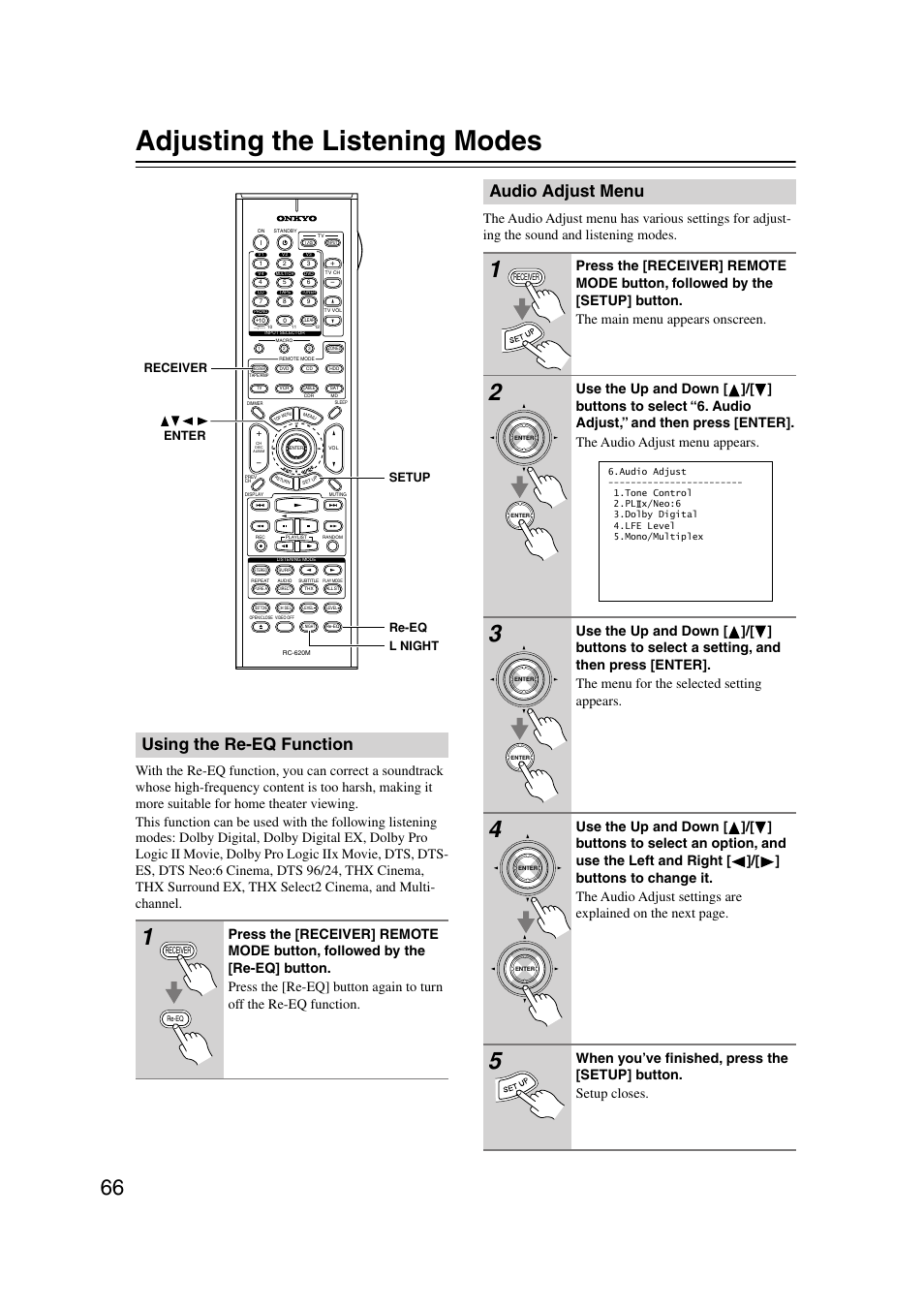 Adjusting the listening modes, Using the re-eq function, Audio adjust menu | Using the re-eq function audio adjust menu, Utton (66), P.66, Setup receiver l night re-eq enter | Onkyo TX-SR804 User Manual | Page 66 / 96