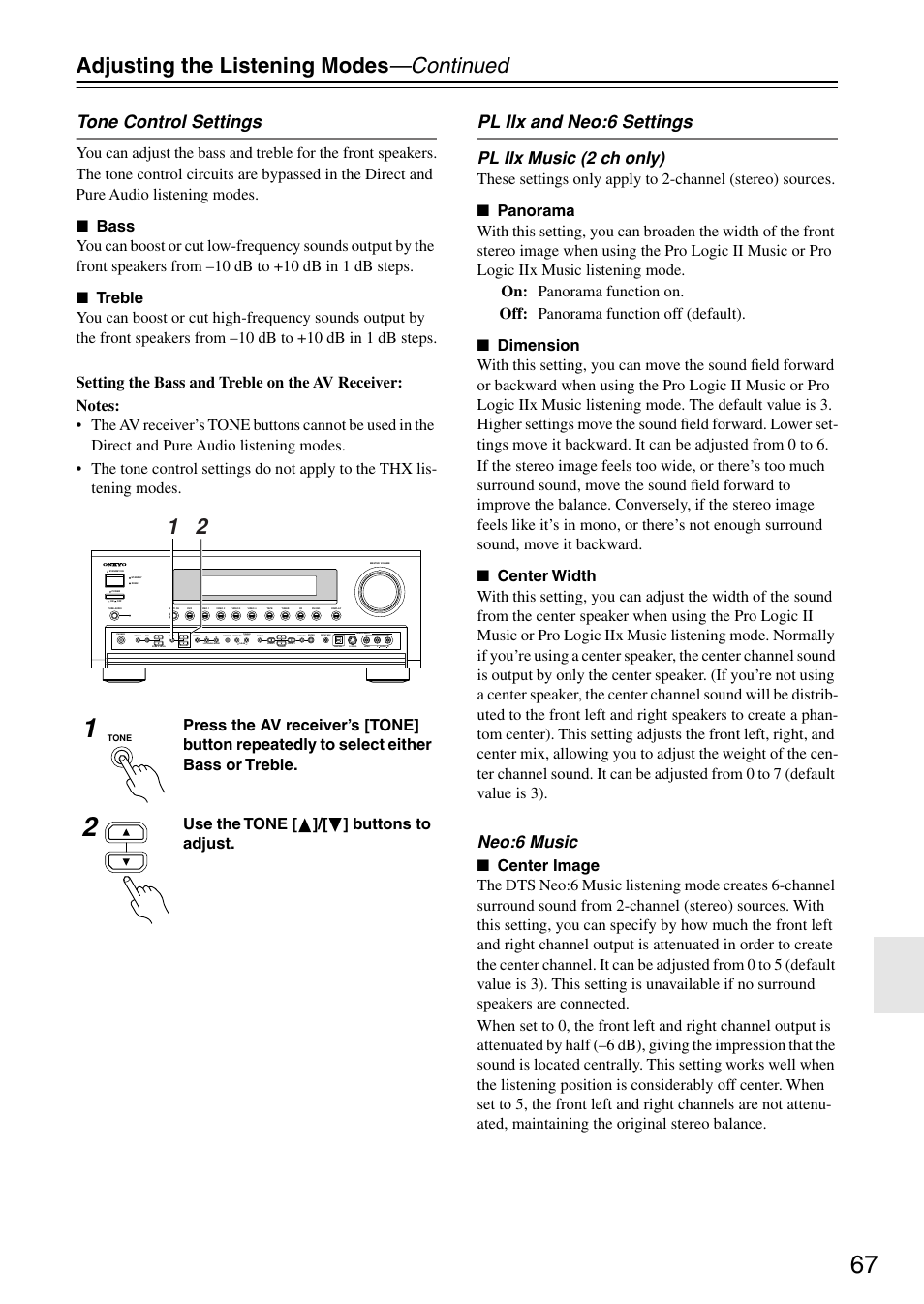 Uttons (67), Adjusting the listening modes —continued | Onkyo TX-SR804 User Manual | Page 67 / 96