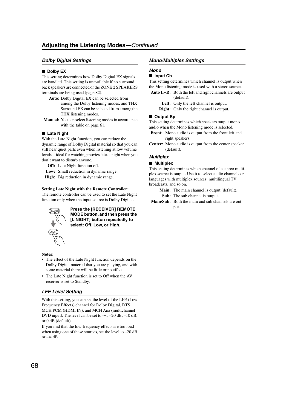 Utton (68), P.68, Adjusting the listening modes —continued | Onkyo TX-SR804 User Manual | Page 68 / 96