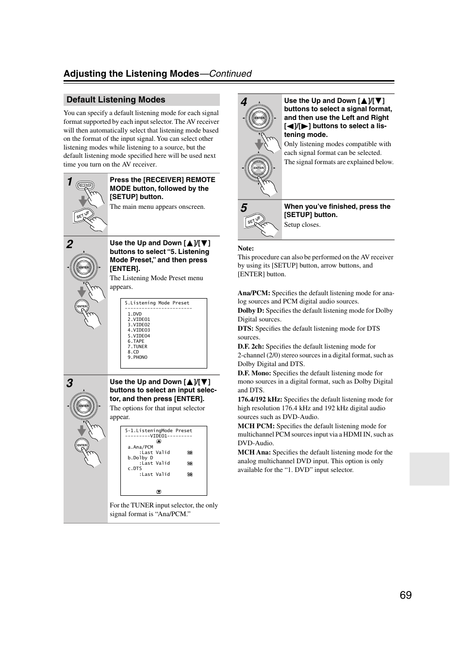 Default listening modes, P.69, Adjusting the listening modes —continued | Onkyo TX-SR804 User Manual | Page 69 / 96