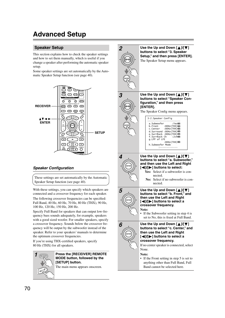 Advanced setup, Speaker setup, P.70 | Speaker configuration | Onkyo TX-SR804 User Manual | Page 70 / 96