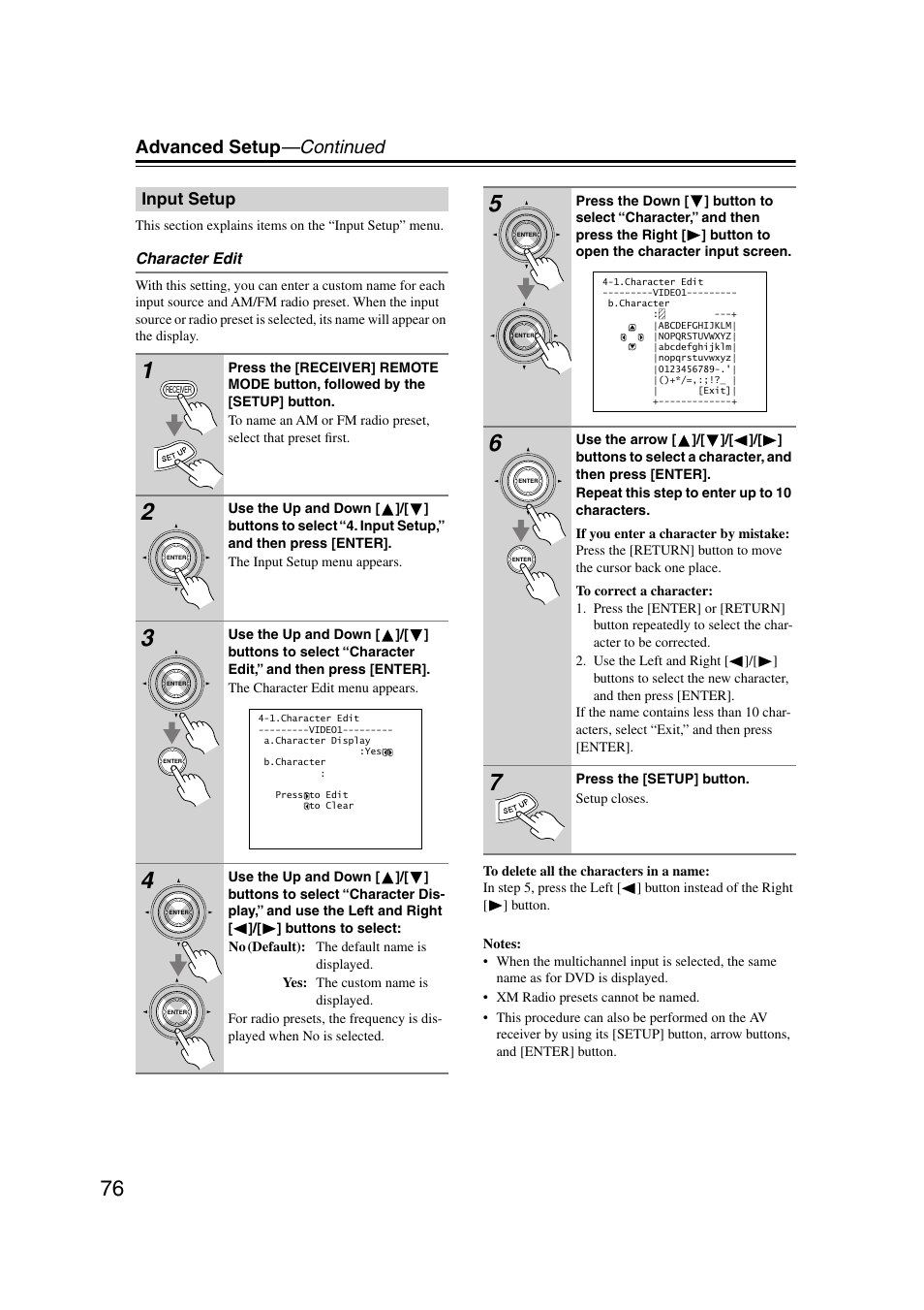 Input setup, P.76, Advanced setup —continued | Onkyo TX-SR804 User Manual | Page 76 / 96