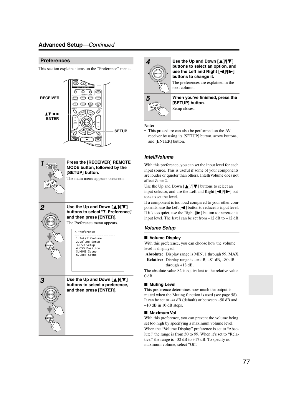 Preferences, P.77, Advanced setup —continued | Intellivolume, Volume setup | Onkyo TX-SR804 User Manual | Page 77 / 96